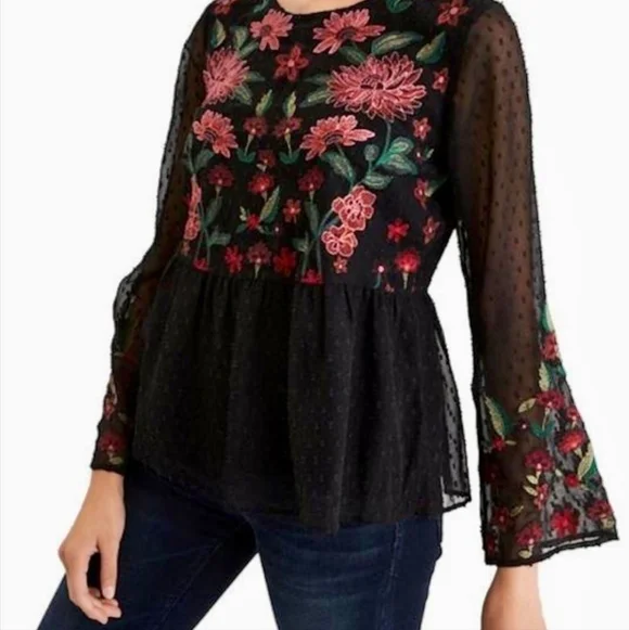 American Eagle Outfitters Peplum Top with Red Floral Embroidery Size Large - Picture 3 of 16